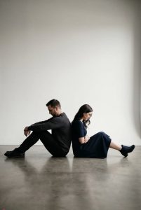 silhouette, back-to-back, despondent, depressed, lawyer, divorce, struggle, legal, downcast, cool light, contrast, separation, relationship issues, problem, difficult, burden, conflict, emotion, reflection, solitude, ai generated